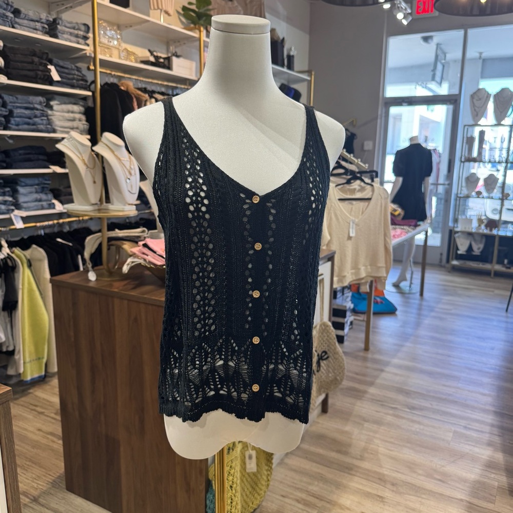 Bluivy Black Crochet Button-Down Blouse